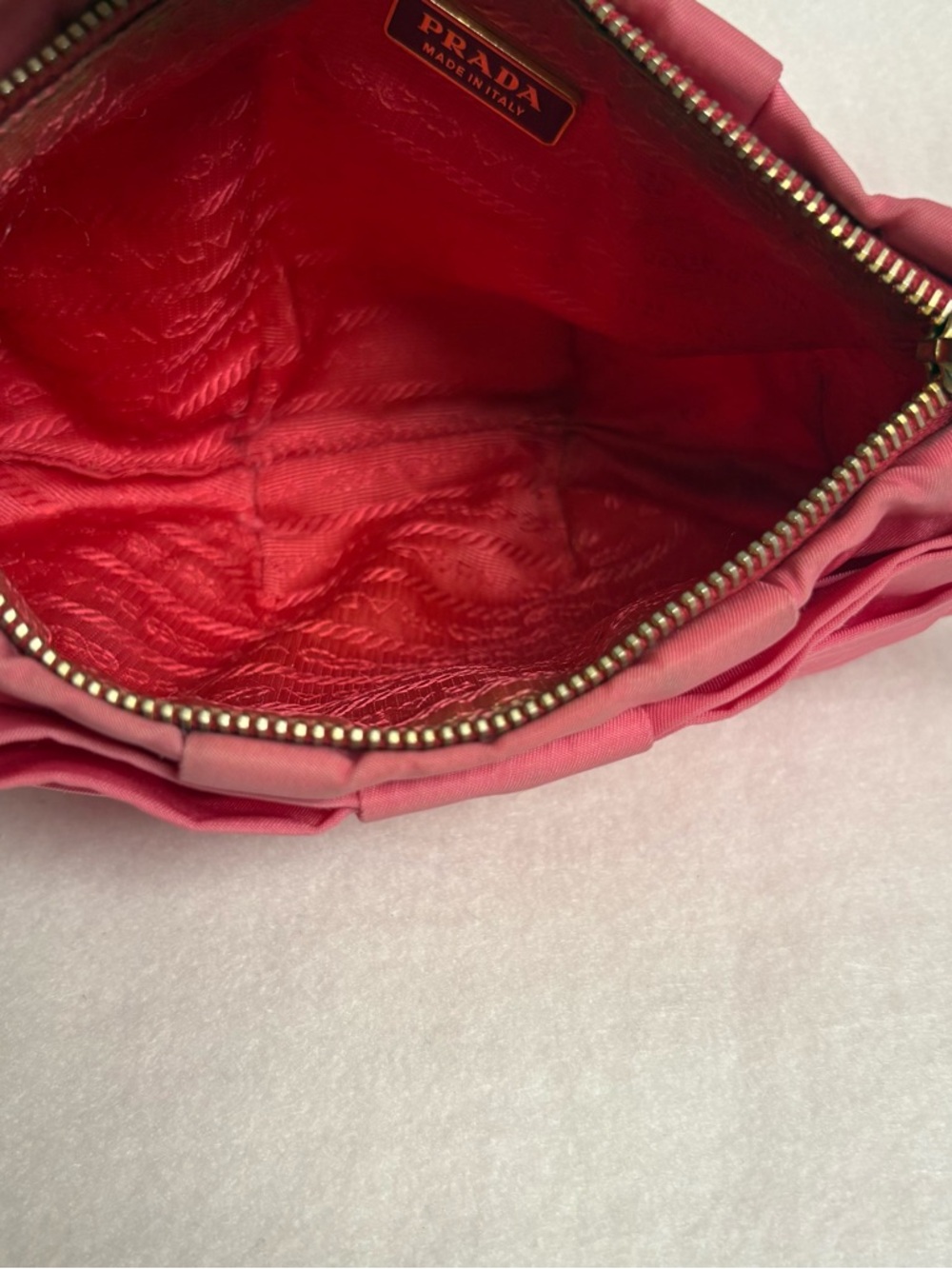 PRADA Pink Nylon Flat Bow Pouch Leather Wristlet Strap Ribbon - Picture 8 of 14
